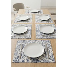 Rona Home Çiçek Desenli Kumaş Tabak Altlığı 35X45 cm Mavi Yapraklı Yemek Masası Tabak Altlığı 6 Kişilik