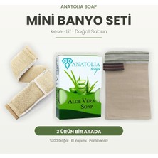 Anatolia Soap Mini Banyo Seti - Kaplıca Kesesi + Tahta Saplı Kabak Lifi + Artemis Aloe Vera Sabun 3'lü Doğal Set