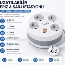Asfal 3 Metre Makaralı Uzatma Kablosu 4'lü Priz 2 Usb-A + 1 Type-C Anahtarlı Çoklu Priz 2500W