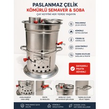 Paslanmaz Çelik Kömürlü 7 Litre Semaver ve Soba - Ayarlanabilir Hava Girişli Bahçe Piknik Kamp Semaveri