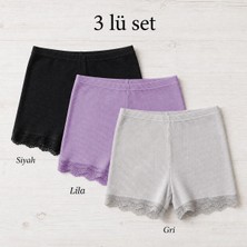 İncili Tekstil Kadın 3'lü Dantel Paçalı Fitilli Boxer Şort - Pamuklu Esnek Ribana Iç Çamaşırı Seti (Siyah, Gri, Lila) M