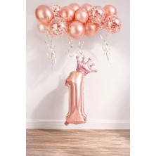 Patladı Gitti Rakam Rose Gold Folyo Balon, Kral Tacı ve Konfetili Rose Gold Balon Modern Kutlama