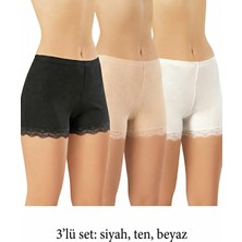 İncili Tekstil Kadın Fitilli Dantelli Boxer Külot 3'lü Set - Pamuklu Esnek Şort Külot Paket (Siyah, Ten, Beyaz)