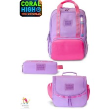 Coral High Lila Pembe 3'lü Okul Çanta Seti Çanta Kalemlik Thermal Beslenme Çantası