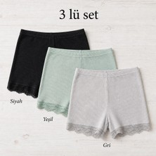 İncili Tekstil Kadın 3'lü Dantel Paçalı Fitilli Boxer Şort - Pamuklu Esnek Ribana Iç Çamaşırı Seti (Siyah, Yeşil,gri) L