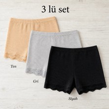 İncili Tekstil Kadın 3'lü Dantel Paçalı Fitilli Boxer Şort - Pamuklu Esnek Ribana Iç Çamaşırı Seti (Siyah,ten,gri) 2xl