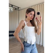 Sue Store Bej Bağcıklı Askılı Korse Kesim Keten Bluz