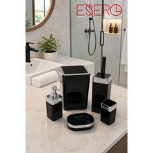 Esero 340 Krom  5 Parça Siyah Banyo Aksesuar Seti Krom Detaylı Modern Banyo Takımı Çöp Kovası Wc Fırçalık Sıvı Sabunluk Diş Fırçalık Sabunluk
