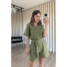 Sue Store Haki Önü Düğmeli Kemerli Müslin Şort Tulum