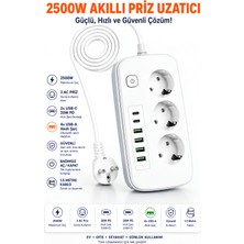 Dexmon 2500W Akıllı Priz Uzatıcı 1.5m Kablolu 3'lü Topraklı Çoklu Priz Usb-C Pd 20W + Qc 18W Hızlı Şarj 6 USB Girişli Beyaz