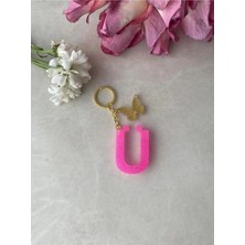Bellinzona Ü Harf Pembe Simli Anahtarlık & Charm [ Ponpon Seçeneğiyle ]