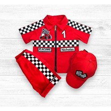 Mum Design Gifts Kişiye Özel Yaş ve İsim Yazılı Çocuk Kırmızı Yarışçı Kostümü Takımı - Yarış Pilotu Seti - Doğum Günü