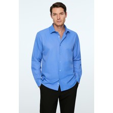Morven  Erkek Mavi Düz Slim Fit Sert Yaka Gömlek