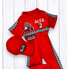 Mum Design Gifts Kişiye Özel İsimli Kırmızı Kısa Kollu Yarışçı Kostümü - Çocuk Yarış Pilotu Takımı - Doğum Günü Kıyafeti