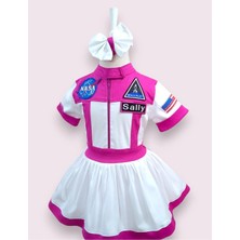 Mum Design Gifts Kişiye Özel İsimli Fuşya Şeritli Beyaz Astronot Elbisesi - Kız Çocuk Uzay Kostümü - Doğum Günü