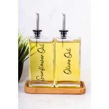 Dolkin Home 2li 500ML Yağdanlık Seti Ahşap Stantlı Cam Yağlık Zeytinyağı Ayçiçek Yağı Sunflower Olive Oil Etiket