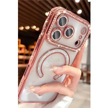 Fibaks iPhone 17 Pro Max Kılıf Taşlı Kamera Lens Korumalı Magsafe Şarj Kilifi Şeffaf Renkli Yumuşak Rose