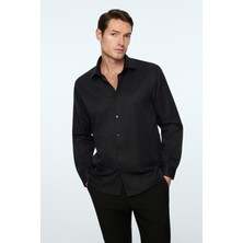 Morven  Erkek Siyah Düz Slim Fit Sert Yaka Gömlek