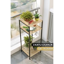 Bino 3 Katlı Paslanmaz Metal Ahşap Saksılık Bahçe Balkon Çiçeklik Organizer 90 cm Çiçeklik Standı