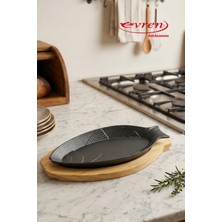 EVREN MUTFAK Döküm Demir Balık Tavası 30X12 cm ve Ahşap Servis Sunum Altlık