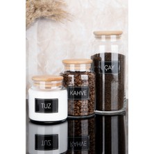 Dolkin Home 3'lü Ahşap Vakum Kapaklı Çay Kahve Tuz Etiketli 3 Boy Cam Kavanoz Seti 1300ML-800ML-500ML