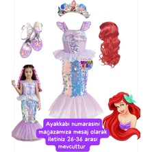 Bemora Kids Deniz Kızı Pullu Payetli Elbise Kostüm +Deniz Kızlı Taç +Deniz Kızı Peruk +Mor Simli Deniz Kızlı Topuklu Ayakkabı Seti