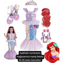 Bemora Kids Deniz Kızı Pullu Payetli Kostüm Elbise+Deniz Kızı Peruk +Taç+Küpe Takımı+Deniz Kızı Mor Simli Topuklu Ayakkabı Seti