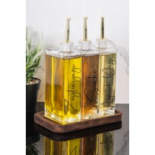 Dolkin Home 3lü Lüx 500ML Yağdanlık Ahşap Standlı Gold Kapak Cam Yağlık Zeytinyağı Ayçiçekyağı Sosluk Sirkelik