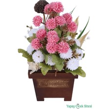 Yapay Çiçek Sitesi Ahşap Garden Saksıda Yapay Top Krizantem Tanzimi 32 cm