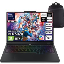 Lenovo Legion Pro 5 16IAX10 Ultra 9-275HX 40-Gbddr5 4 Tbssd RTX5070 (8GB-GDDR7-115W) 16" Wqxga OLED Windows 11 Home + Hmf Sırt Çantası 83F3008BTRHMF36