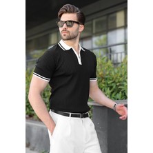 Madmext Siyah Yarım Fermuarlı Polo Yaka Triko Erkek Tişört E7501