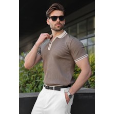 Madmext Açık Kahverengi Yarım Fermuarlı Polo Yaka Triko Erkek Tişört E7501