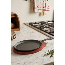 EVREN MUTFAK Döküm Demir Kulplu Oval Fajita Tavası 24X18 cm ve Ahşap Servis Sunum Altlık