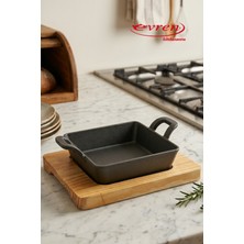 EVREN MUTFAK Döküm Demir Kulplu Kare Sahan Tava 12X12 cm ve Ahşap Servis Sunum Altlık