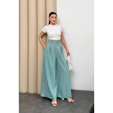 Hatun Atila A Pileli Arka Beli Lastikli Geniş Paça Filamlı Keten Palazzo Pantolon 9064 - Su Yeşili