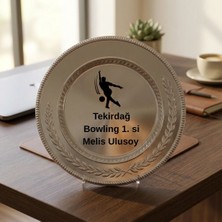 Çılgıntrend Bowling Birincilik Ödülü Gümüş Metal Tabak Plaket - Ayaklı Kişiselleştirilebilir Sporcu Plaketi