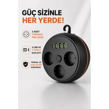 CoverZone Askılı Model Akım Korumalı Makaralı Priz, 190CM Kablo, 3 Prizli 3 USB 1 Type-C 16A 4000W Termal ve Kısa Devre Korumalı 100-250V Çoklu Priz Kablo Sarıcılı Priz Model | 3395 Siyah