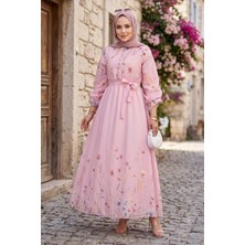 Hafsa Mina Çiçek Desenli Astarlı Kuşaklı Elbise Pembe HM2923