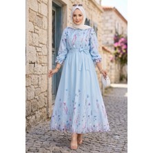 Hafsa Mina Çiçek Desenli Astarlı Kuşaklı Elbise Mavi HM2923