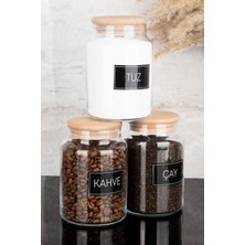 Dolkin Home 3'lü Ahşap Vakum Kapaklı Çay Kahve Tuz Siyah Etiketli Cam Kavanoz Seti Saklama Kabı 800 ml