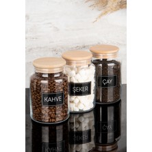 Dolkin Home 3'lü Ahşap Vakum Kapaklı Çay Şeker Kahve Siyah Etiketli Cam Kavanoz Seti Saklama Kabı 800 ml