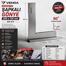 Venoa Ekonomik Tip Şapkalı Gönye 200x130 mm DIN 875 Paslanmaz Çelik Hassas Ölçüm Gönyesi
