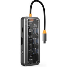 Ally SW1V-PRO Type-C To Usb3.0 3ADET+ 3.5mm+ Hdmı+ Vga+ Sd + Tf + Ethernet Çoğaltıcı Transparan HUB-1852
