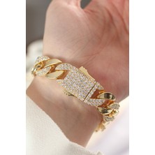 Vip Seri Pirinç Zirkon Taşlı Gold Renk Gurmet Bileklik -1492