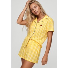 Siyah İnci Sarı Ekose Kareli Nakışlı Düğmeli Biyeli Ince Soft Örme Şortlu Pijama Takımı 8022