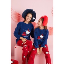 Siyah İnci Hello Kitty Lisanslı Polar Lacivert Çok Renkli Nakışlı Bisklet Yaka Pijama Takım HK300