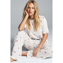 Siyah İnci Kiraz Desenli Ince Soft Dokulu Örme Mevsimlik Pijama Takımı 8046