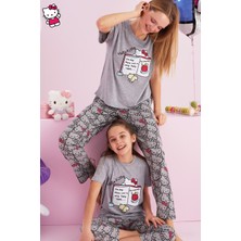 Siyah İnci Hello Kitty Lisanslı %100 Pamuk Gri Çok Renkli Bisklet Yaka Pijama Takım