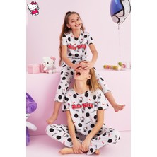 Siyah İnci Hello Kitty Lisanslı %100 Pamuk Gri Çok Renkli Bisklet Yaka Pijama Takım