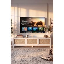 Robin Home Arizona Tv Ünitesi Sehpası Ahşap Ayaklı 3 Ahşap Jüt Kapaklı 180CM Beyaz-Jüt